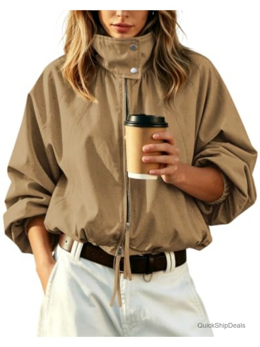 Women's Cropped Bomber Jacket Funnel Neck Batwing Sleeve Zip Up